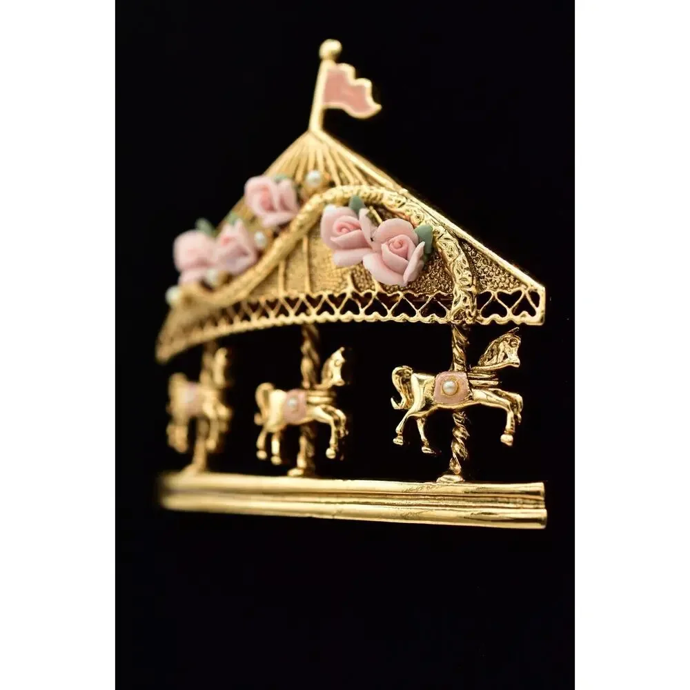 1928 Vintage Carousal Pin Brooch Horse Gold Pink Roses Romantic 1980s BinBG
